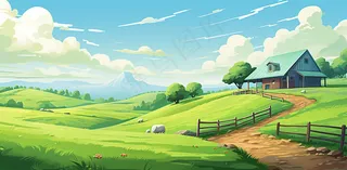 草原农庄大草原蓝天绿地卡通插画背景
