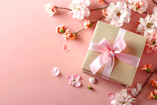 粉色鲜花礼物礼盒妇女节女神节摄影图