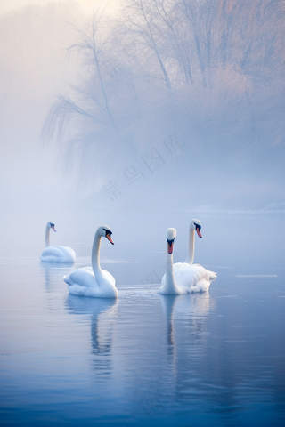 秋季晨雾湖中的白天鹅摄影图