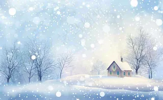 冬天雪景森林小屋夜晚灯光温暖白雪皑皑小雪大雪冬至立冬卡通插画背景