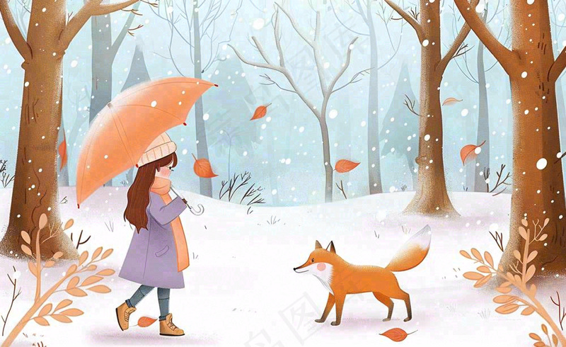 秋冬森林打伞的女孩狐狸动物相遇立冬小雪大雪冬至卡通插画背景(1408x864)