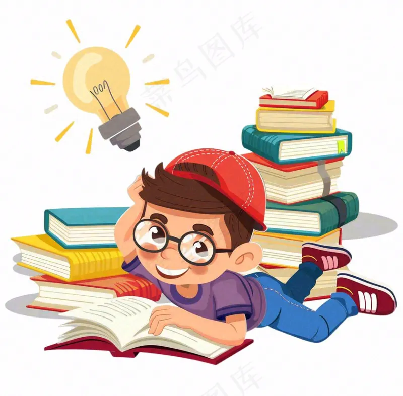 学习读书趴着看书的男孩思考脑洞灵感人物卡通插画免抠(1040x1024)