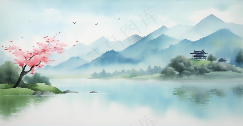 春天山水画水墨画湖边桃花树盛开江南古风插画背景(4368x2274)