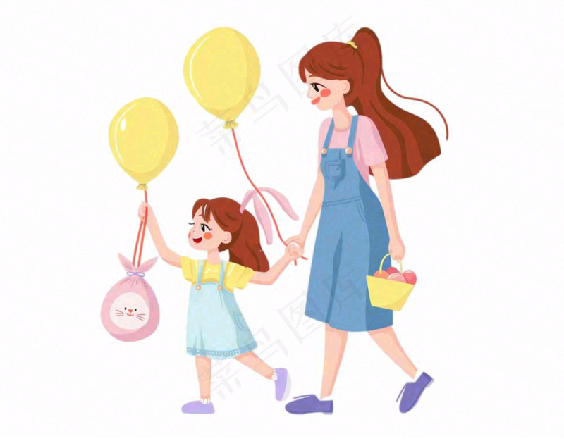 妈妈牵着小孩儿童乐园气球游玩人物卡通插画免抠(1248x976)
