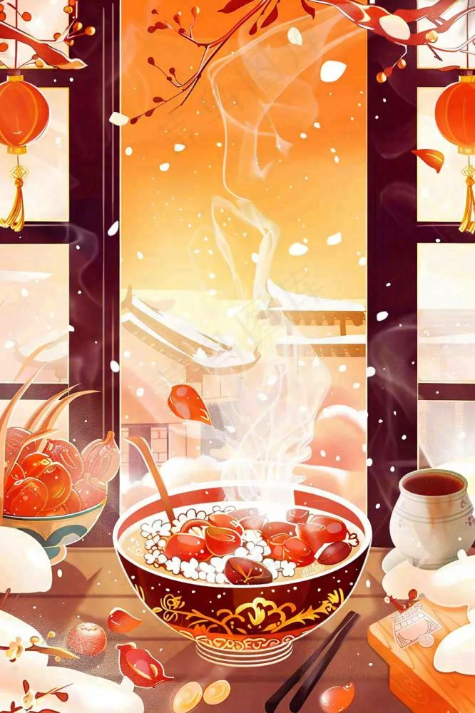 腊八粥冬季新年腊八节卡通插画背景(896x1344)