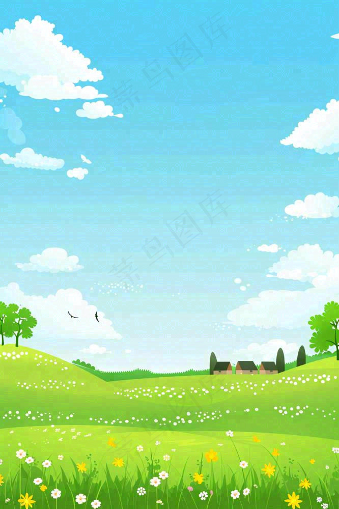 春天绿草地蓝天白云立春春分惊蛰小满卡通插画背景(896x1344)