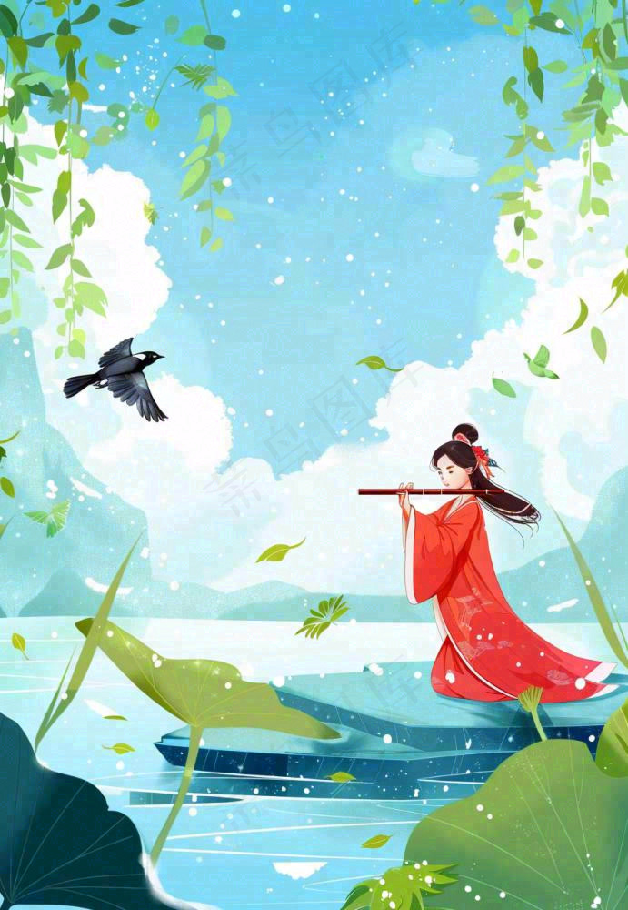 春夏古风女孩游湖吹笛小鸟绿叶大树惊蛰春分立夏清明卡通插画背景(885x1280)