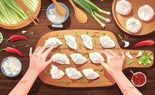 冬至包饺子场景卡通手绘插画背景