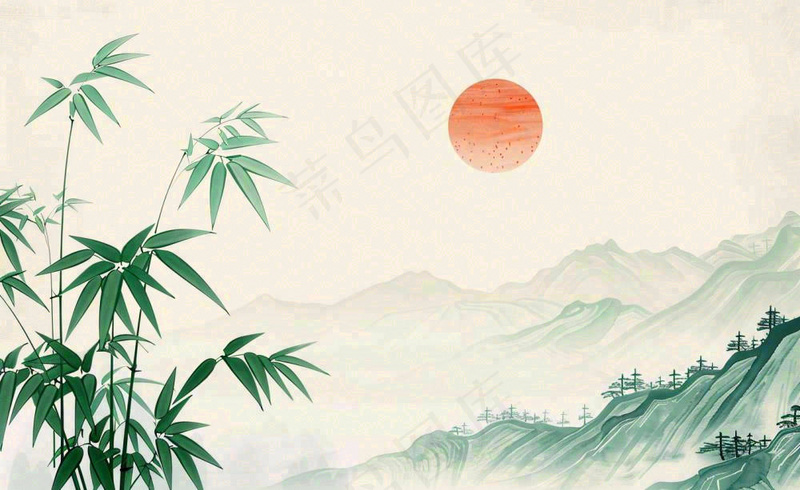 中国风古风水墨画山竹落日余晖淡雅清明端午插画背景(1408x864)