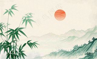 中国风古风水墨画山竹落日余晖淡雅清明端午插画背景