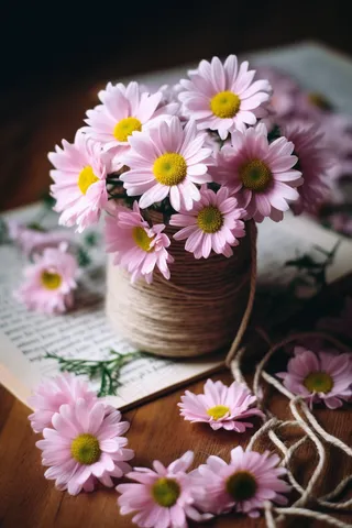 书桌上的粉色雏菊摄影图