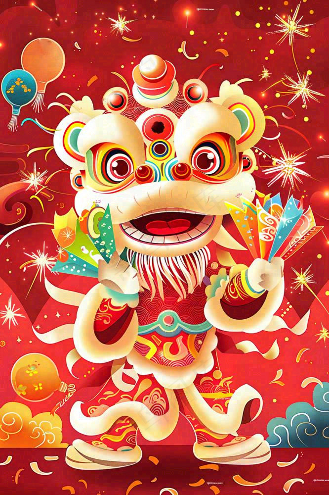 新年舞狮舞龙喜庆节日红色插画背景(896x1344)