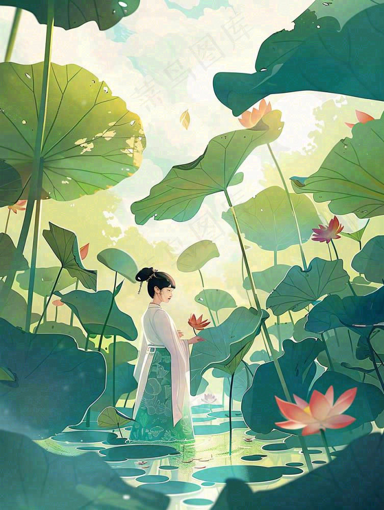 夏天插画风格古装少女在荷花池采莲花唯美夏日清凉小暑立夏夏至大暑插画背景(928x1232)