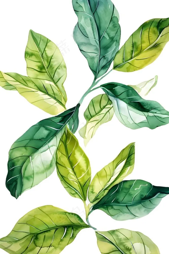 绿叶热带植物手绘插画插图免抠(1266x1900)