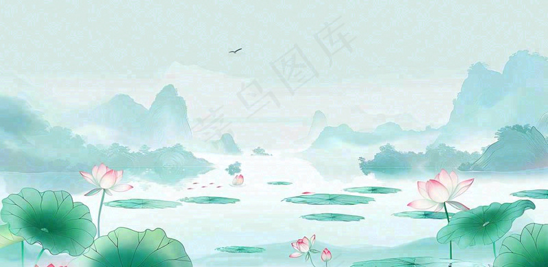 夏天山水荷花莲花清凉淡雅绿色中国风插画夏至大暑小暑背景(1568x768)