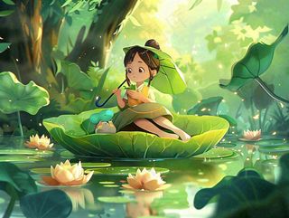 夏日清凉唯美荷花荷叶飘在水面孩童坐在荷叶上吃莲藕小暑立夏夏至大暑卡通插画处暑清凉背景