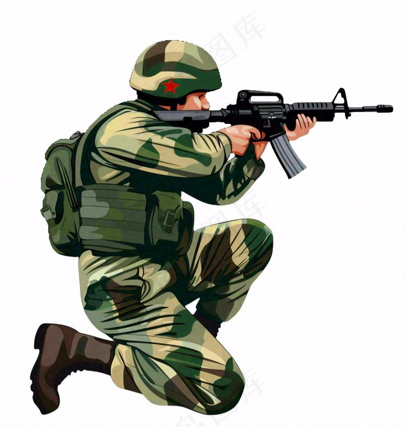 士兵军人拿着枪训练人物卡通插画免抠(1024x1072)