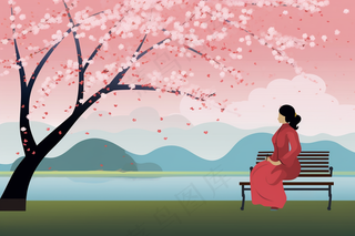 春天樱花树下的女生人物卡通插画背景