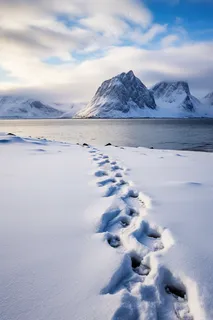 雪地里的脚印雪山湖泊摄影图