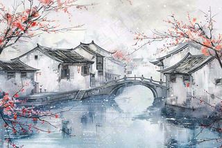 中国水墨画江南水乡梅花古风冬天大雪纷飞小雪大雪冬至插画背景