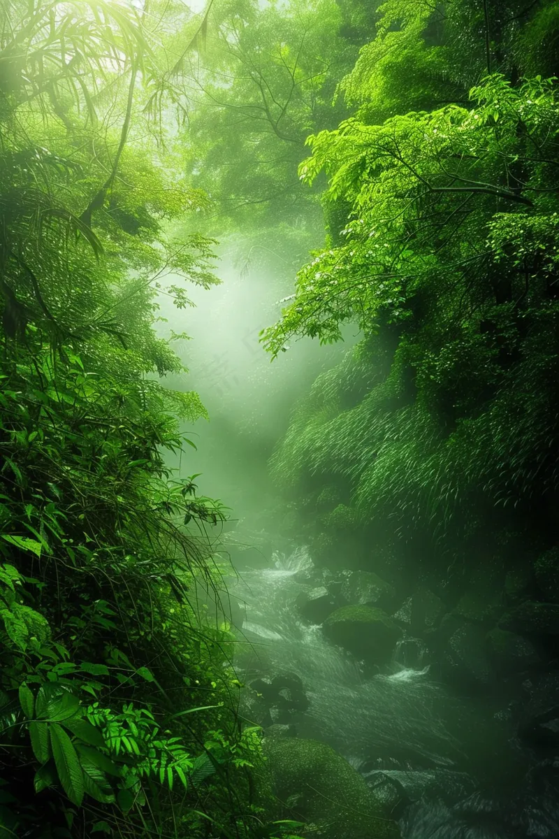 春天森林河流水汽绿意雾气摄影图(2688x4032)