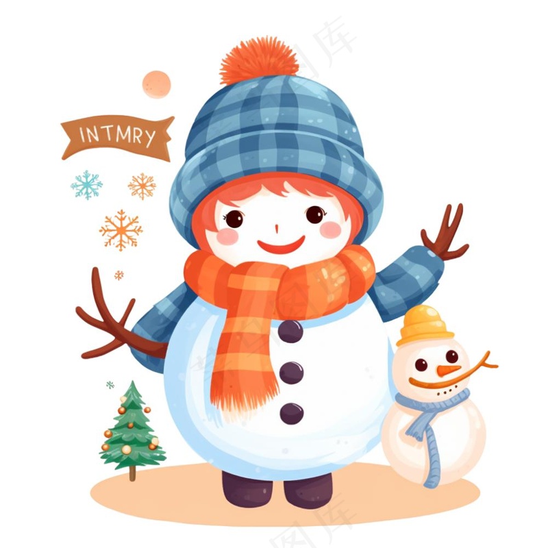 圣诞雪人蓝色橘色帽子围巾卡通插画免抠