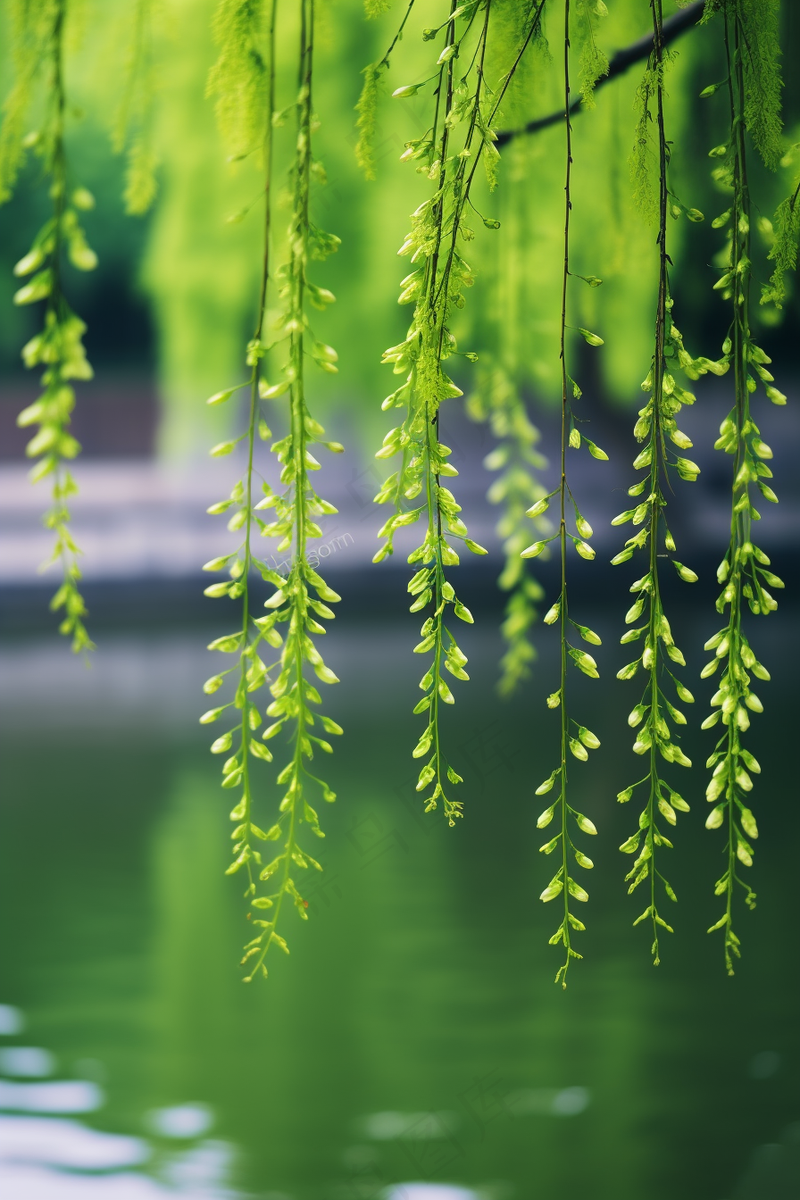 春天抽新芽柳树枝条摄影图