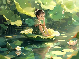 夏日清凉唯美荷花荷叶飘在水面孩童坐在荷叶上吃莲藕小暑立夏夏至大暑卡通插画处暑清凉背景