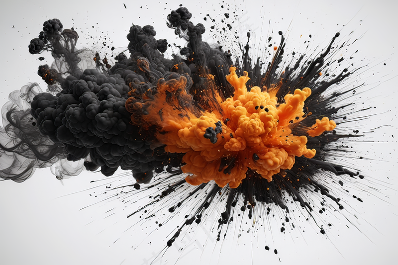 白色背景爆炸产生橙色黑色烟雾图片