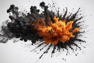 白色背景爆炸产生橙色黑色烟雾图片