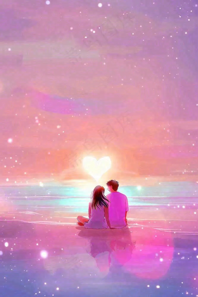 海边情侣相拥坐着粉色天空晚霞浪漫七夕情人节插画背景(896x1344)