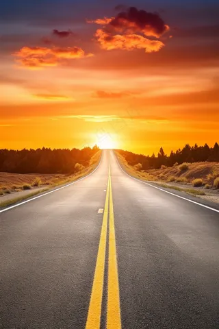 延绵的公路夕阳落日余晖摄影图