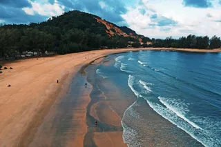 宁静海岸线与郁郁葱葱的山丘