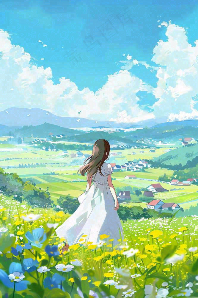 春夏花海里的少女美丽唯美小清新春分立夏夏至青春卡通插画背景(896x1344)