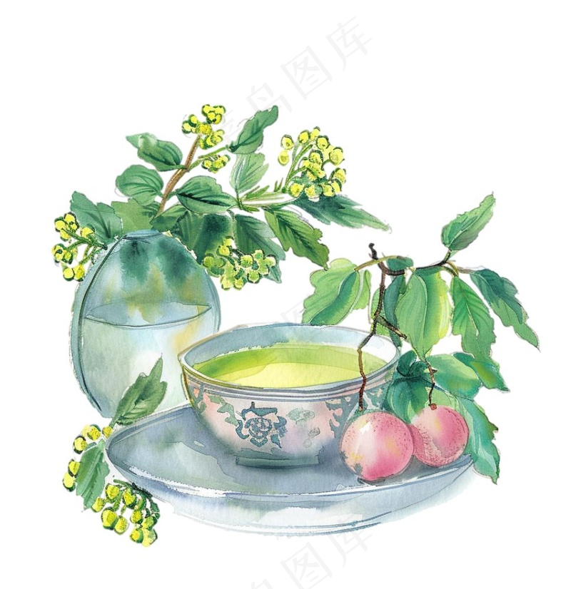水墨静物清明元素瓷器植物水果插画免抠(1024x1056)
