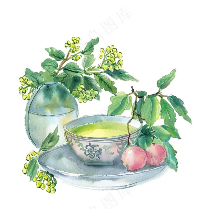 水墨静物清明元素瓷器植物水果插画免抠(1024x1056)
