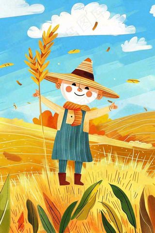 农场农田里的稻草人小麦麦穗秋收粮食芒种立秋秋分卡通插画背景
