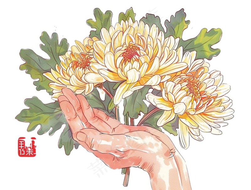 手捧菊花清明节卡通插画免抠(1264x960)
