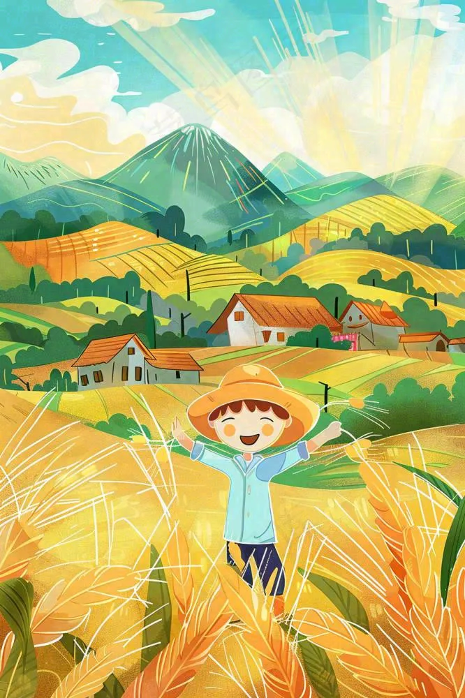 秋天农田丰收山村村庄稻草人水稻小麦立秋秋分芒种卡通插画背景(896x1344)