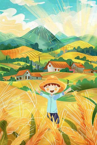 秋天农田丰收山村村庄稻草人水稻小麦立秋秋分芒种卡通插画背景