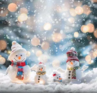 冬天雪地堆雪人唯美光圈温馨雪花飘零立冬冬至小雪大雪圣诞摄影图