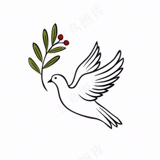 飞鸽叼树枝和平鸽线条卡通插画免抠