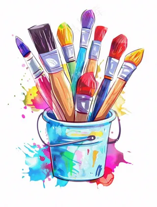 画笔颜料水桶彩色美术卡通插画免抠