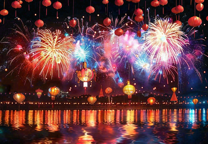节日庆祝江上烟花活动灯笼背景