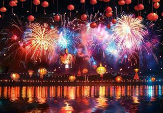 节日庆祝江上烟花活动灯笼背景