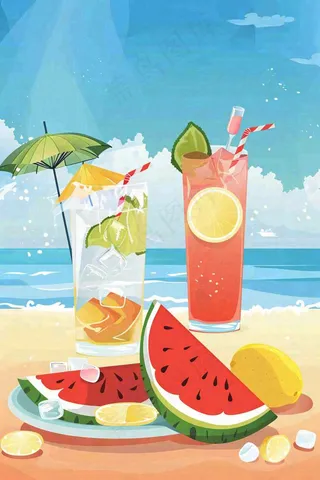 炎热夏日冰镇饮料饮品西瓜汁海边沙滩蓝天白云立夏夏至大暑小暑处暑卡通插画背景