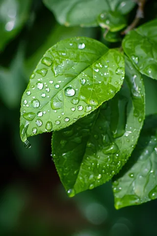 雨天绿叶上的水滴摄影图