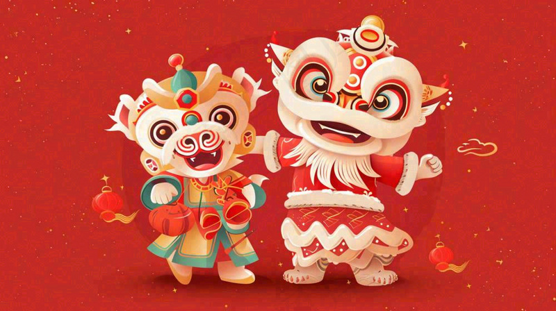 中国式舞狮舞龙卡通插画新年春节节日庆祝红色背景(1456x816)