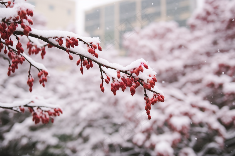 冬季初雪树枝大雪覆盖红色果实摄影图