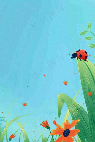春天草丛花丛里的昆虫七星瓢虫蓝色背景踏青立春春分惊蛰卡通插画背景